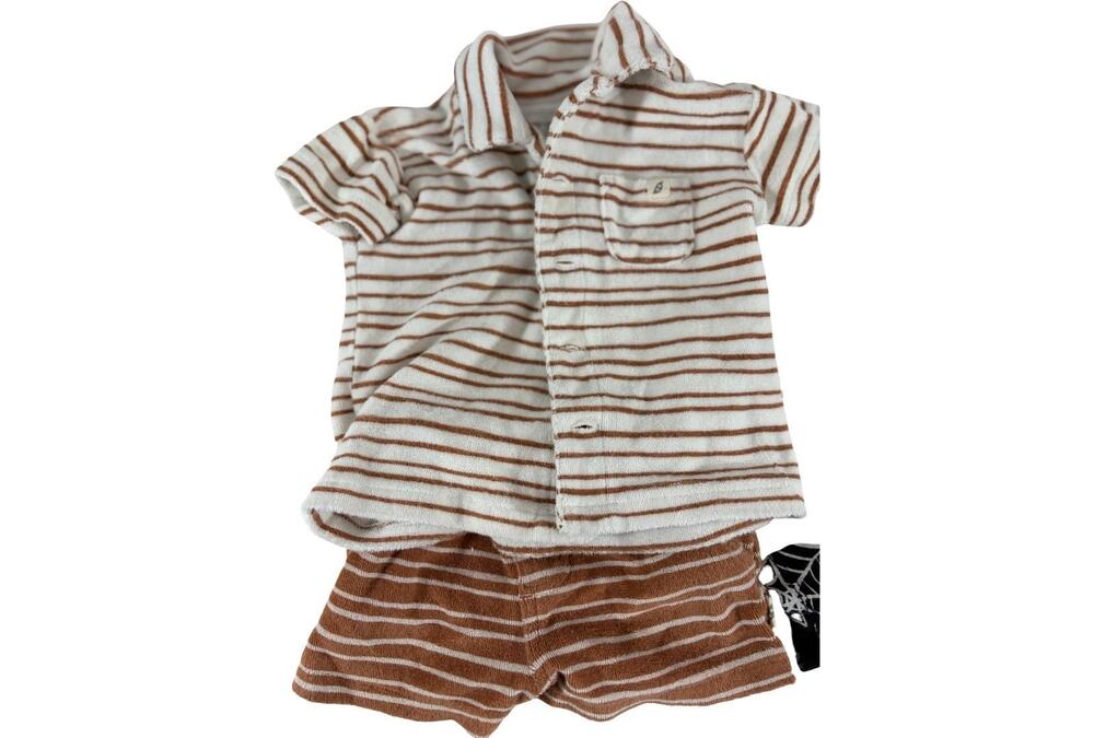 Easy Peasy Baby 6-9M Organic Cotton Brown Striped Shirt Shorts Outfit